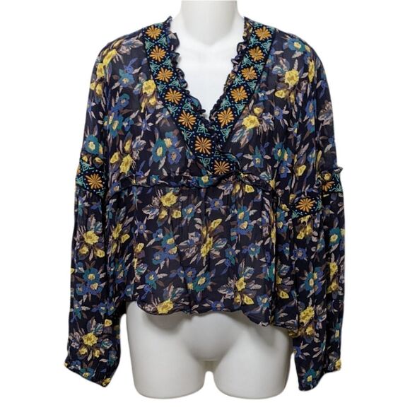Anthropologie MEADOW RUE Strasser Embroidered Floral Peasant Blouse M - Picture 2 of 9